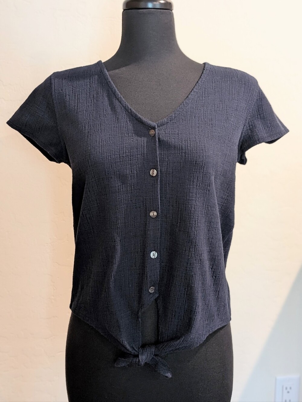 J. Crew Navy Blue Cotton Blend Button Down Tie Front Top Size S